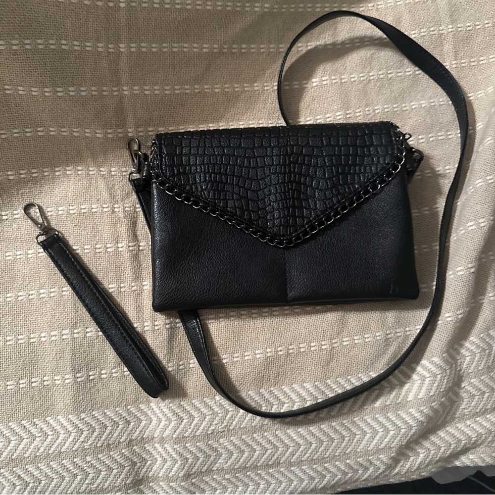 Black faux leather purse with croc and chain detailing